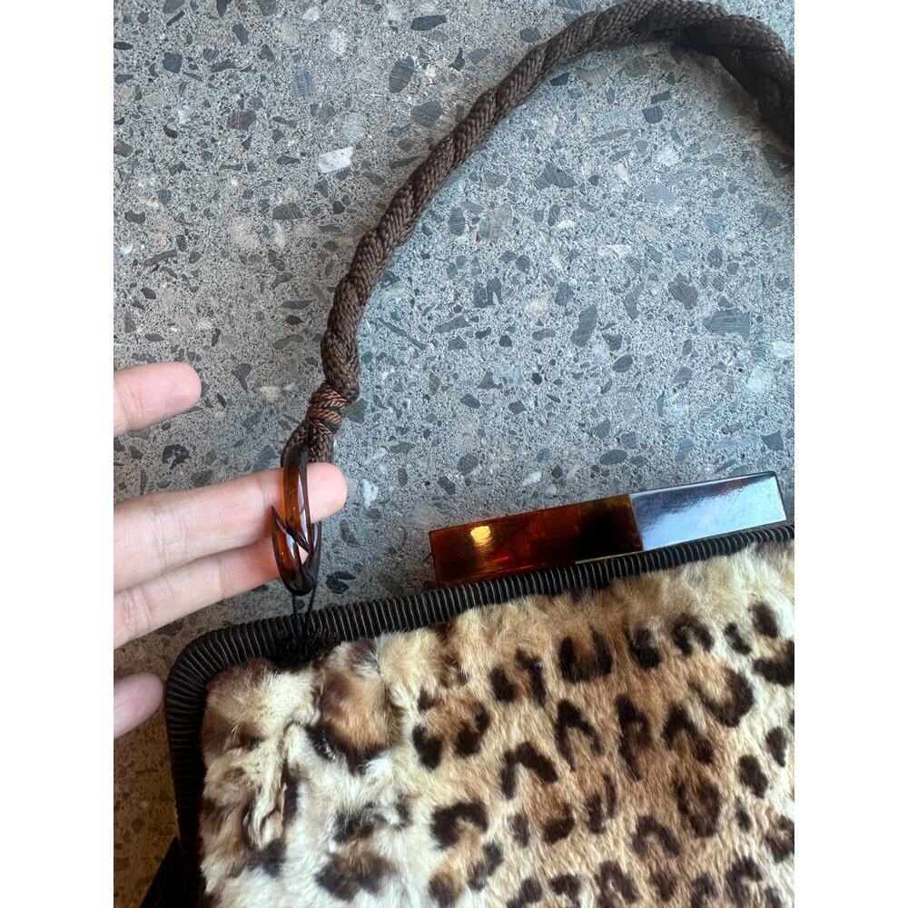 Vintage Leopard Print Fur Purse Brown Rope Handle Y2K Glam Clutch - Picture 4 of 5
